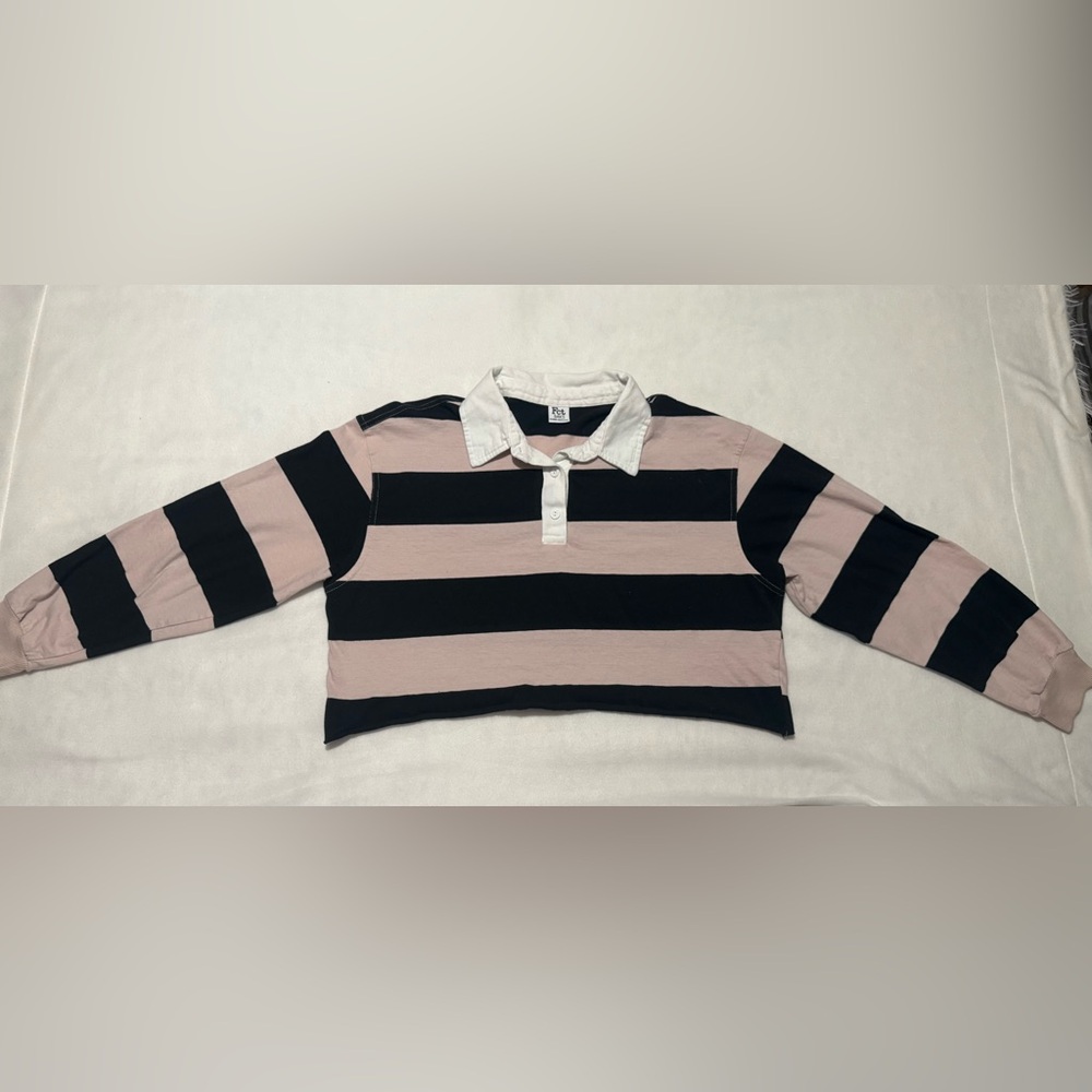 Striped Black and Pink Cropped Polo Shirt